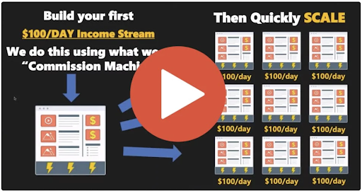A video player with the words build your first $100day income stream. We do this using what we call a commission machine
