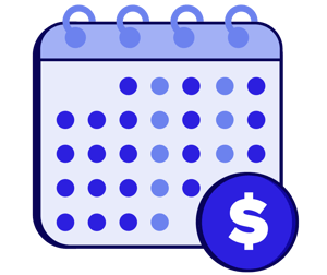 A blue calendar icon. A white dollar sign in a blue ball sits in the bottom right corner.