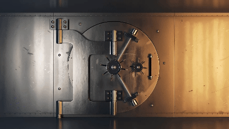 A vault opening. Inside is a book and a computer with the words 