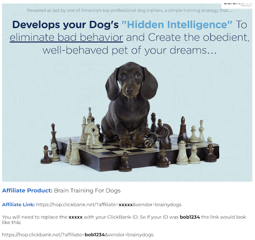 The Brain-Training for Dogs landing page. It features a brown dachshund puppy sitting on a chessboard and the words 'Develops your dog's hidden intelligence to eliminate bad behavior and create the obedient, well-behaved pet of your dreams'